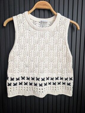 Zara Cream Crochet Open-Knit Sleeveless Sweater with Black Cross Stitch | Size M